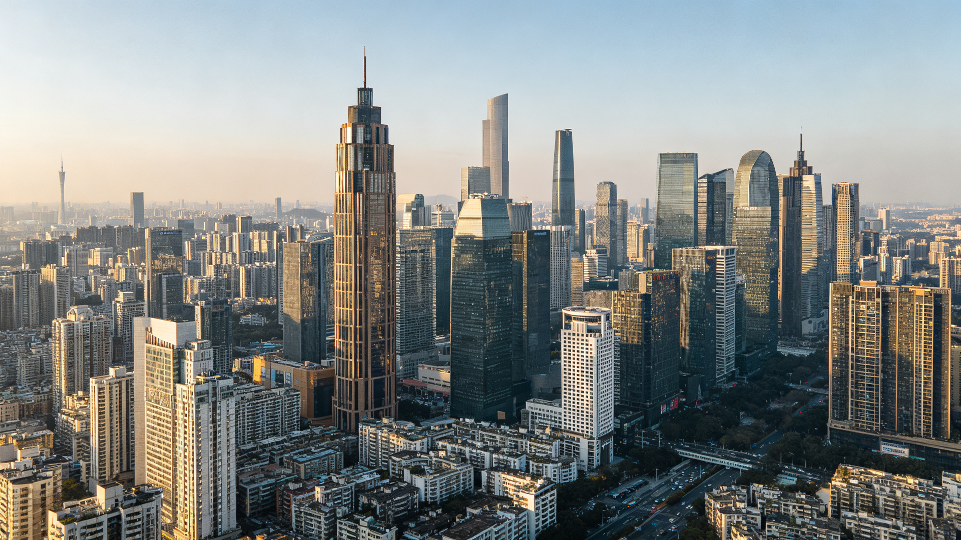 现代都市城市天际线全景城市服务建站场景